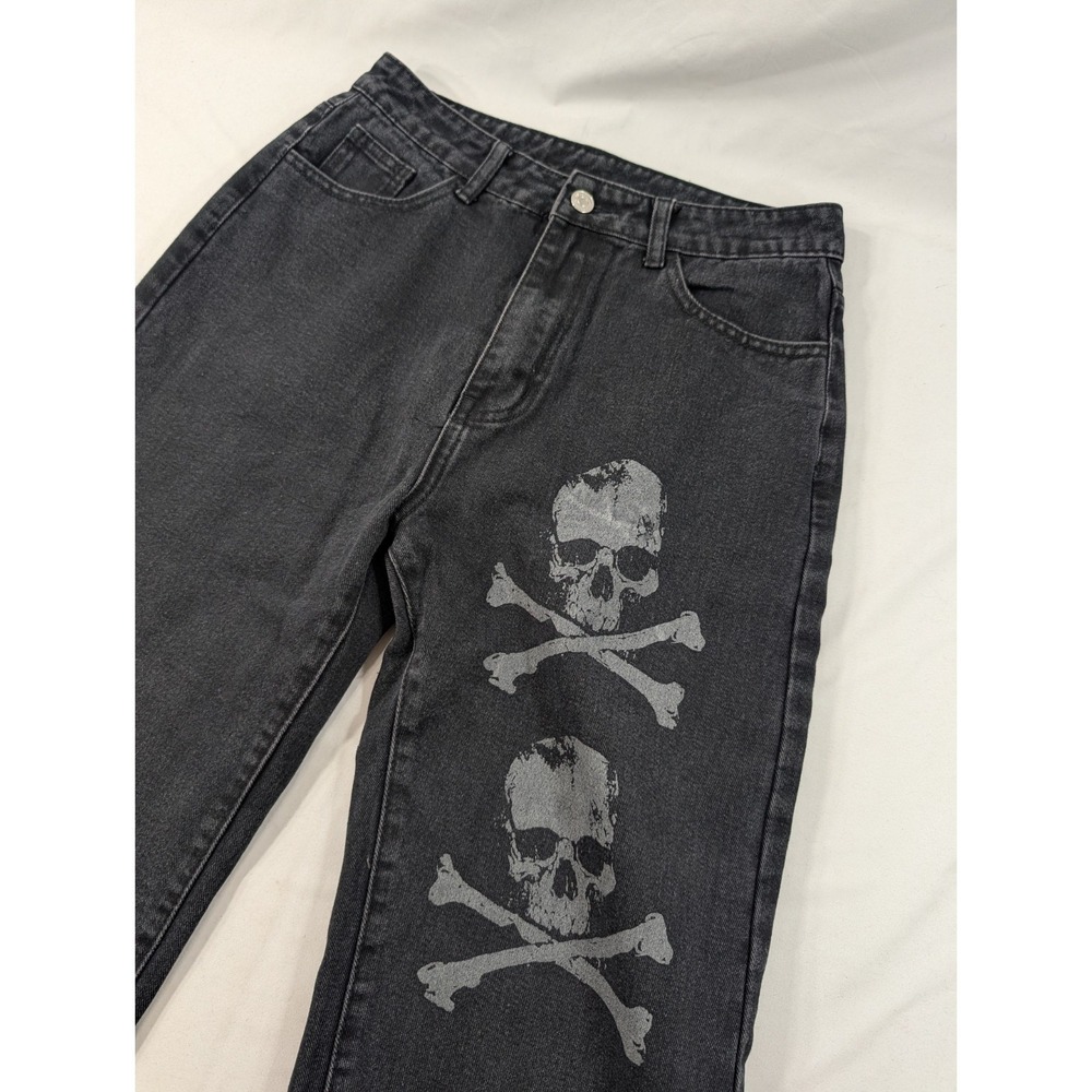 Romwe Women's Black Graphic Cyber Grunge Punk Skull Frayed Wide-Leg Jeans Size M